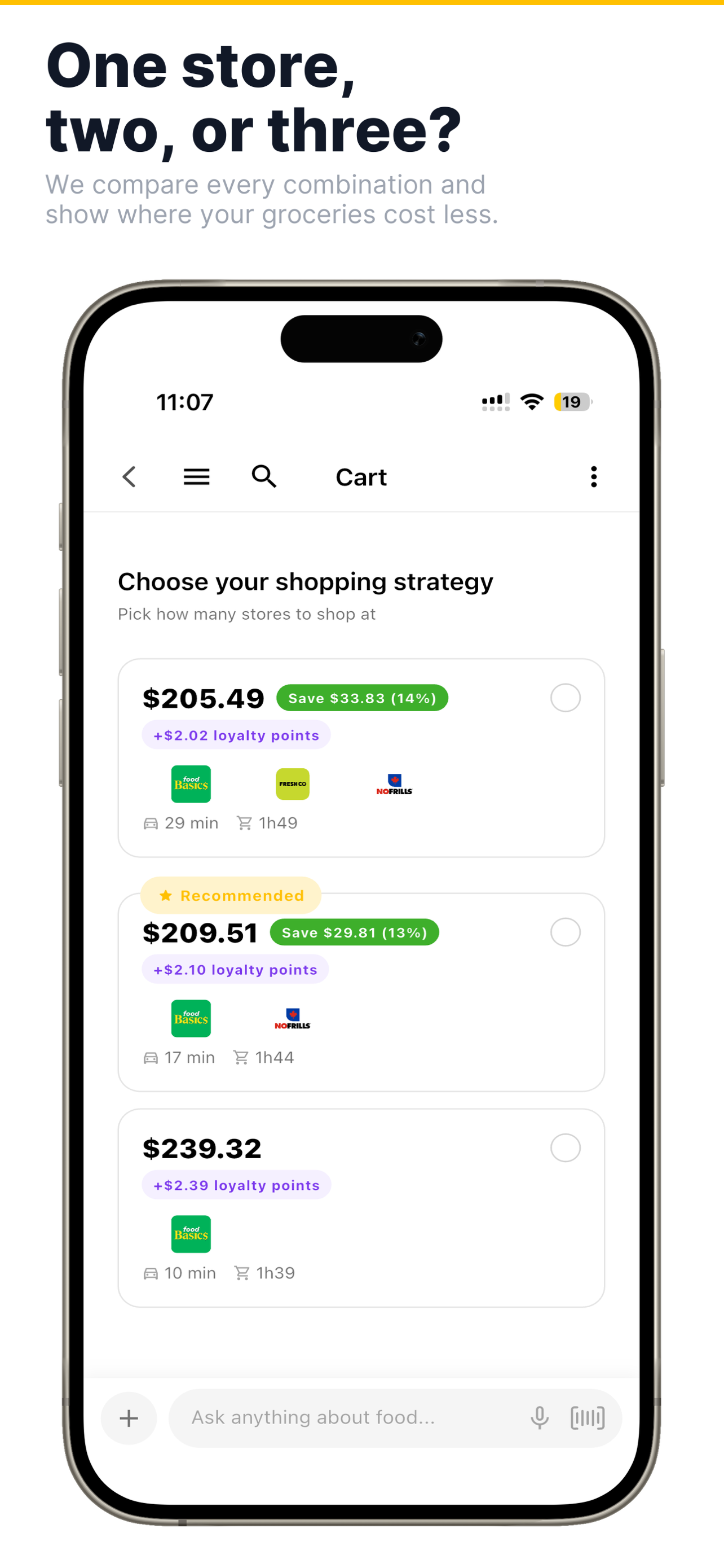 One store, two, or three? We compare every combination and show where your groceries cost less